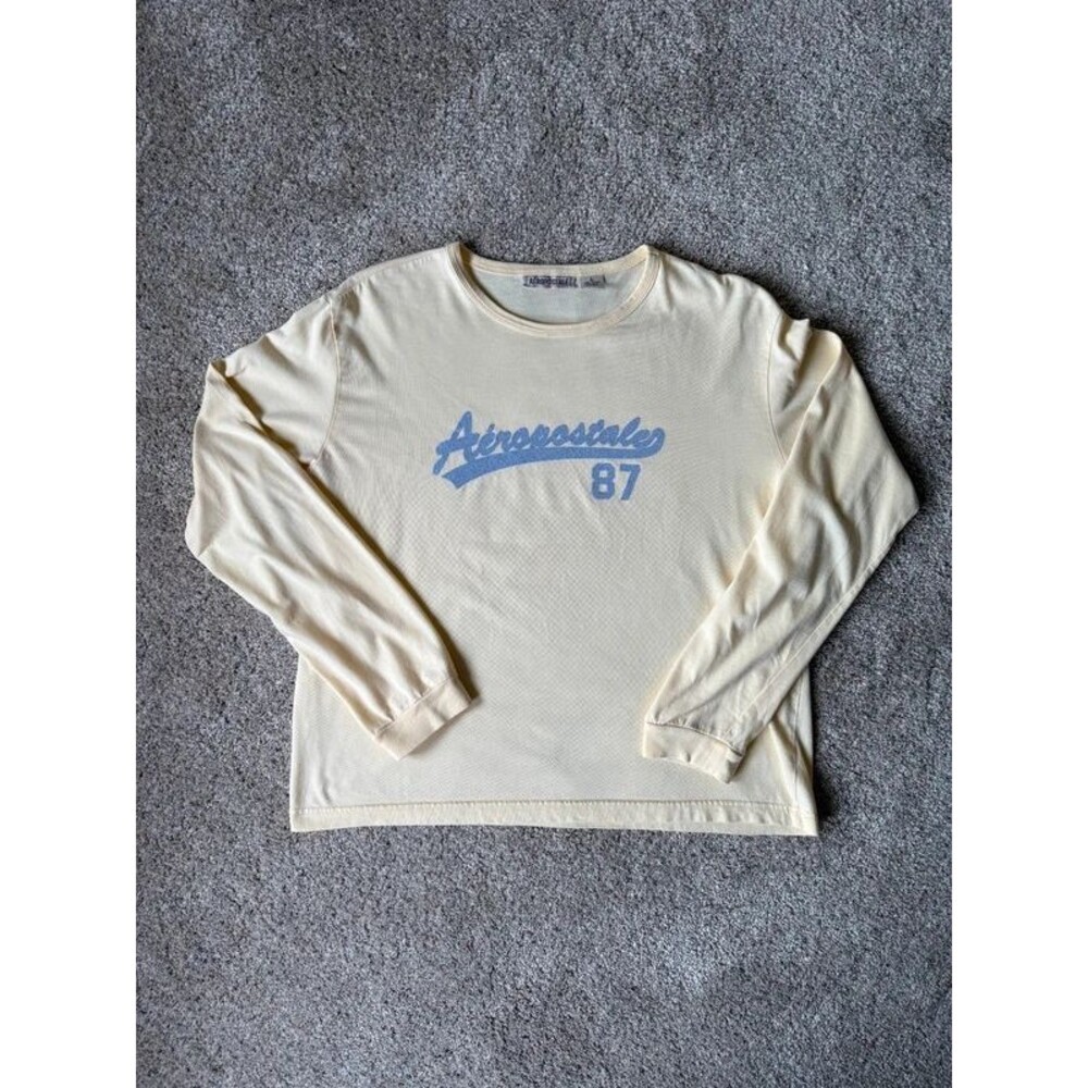 Vintage Y2K Aeropostale 87 Butter Yellow Long Sleeve Graphic Tee Large Preppy